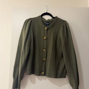 GAP Olive Puff Shoulder Button-Up Cardigan
